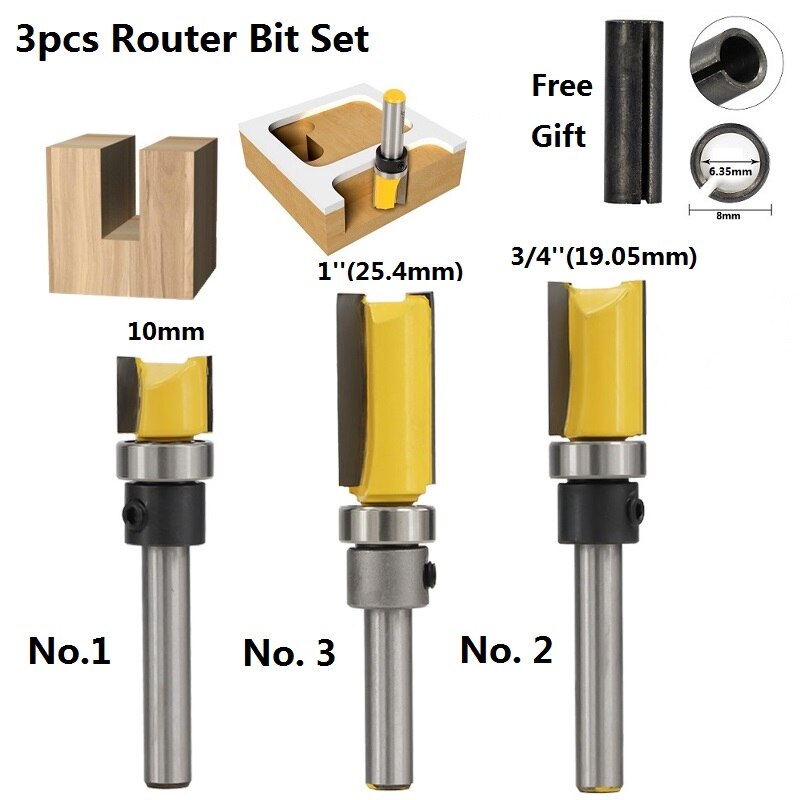 1pc 1/4''(6.35mm) 8mm Shank Flush Trimming Router Bit Pattern Wood Milling Bit Template Trim Milling Cutter Straight Router Bit: 3pcs Router Bit Set