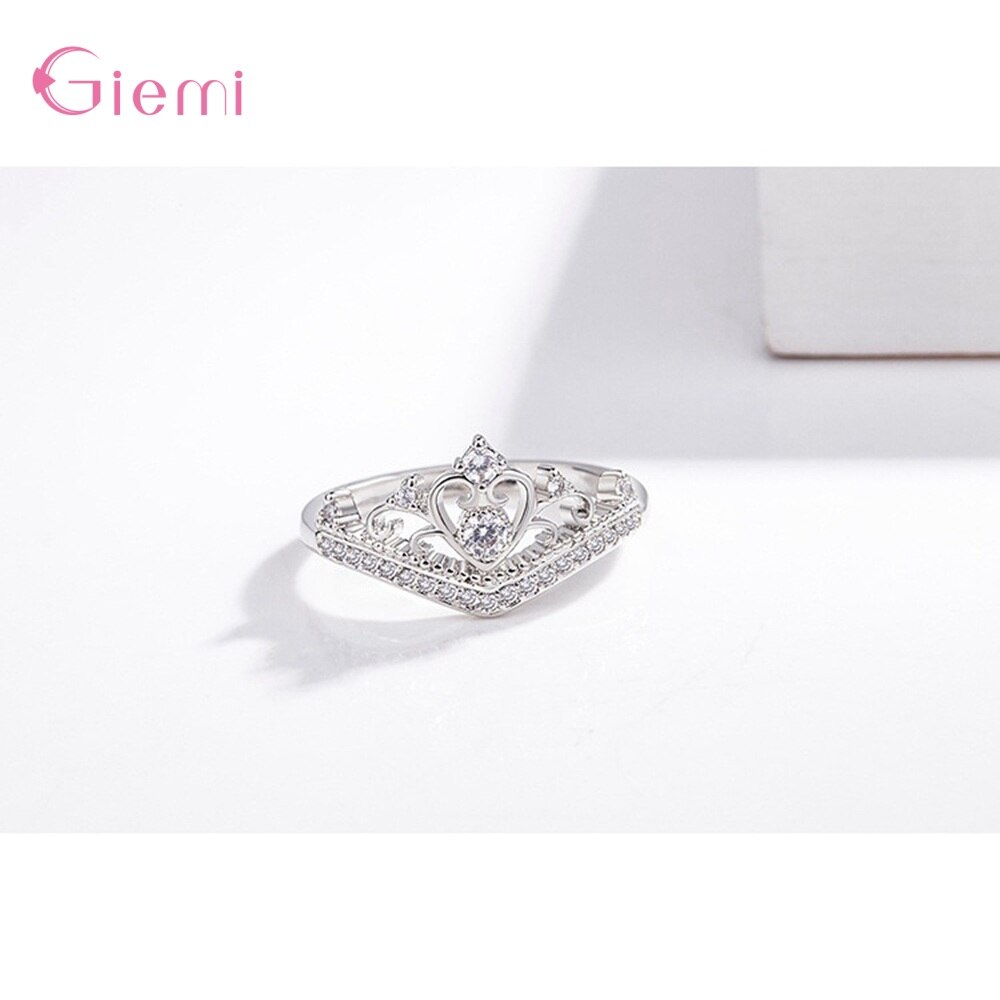 Original 925 Sterling Silver Luxury Princess Crown CZ Crystal Finger Ring For Women Girl Bridal Wedding Statement Jewelry