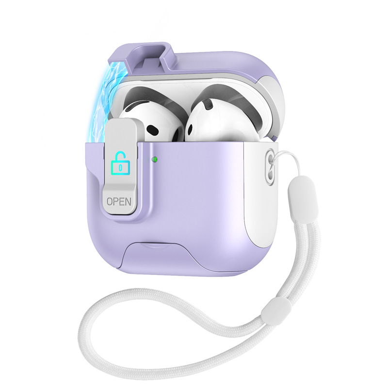 Luxury Earphone Protective Case For Airpods 4 Pro 2 3 2and1 safety catch Magnetic Bottom with stand With Hook: M / PURPLE
