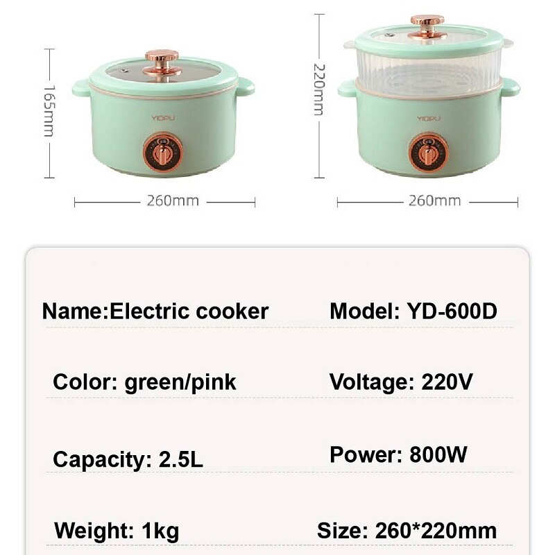 800W Electric Cooking Multicooker Pot Hotpot Rice Cooker Non-stick Electric Skillet Fried Pan Food Steamer 2.5L
