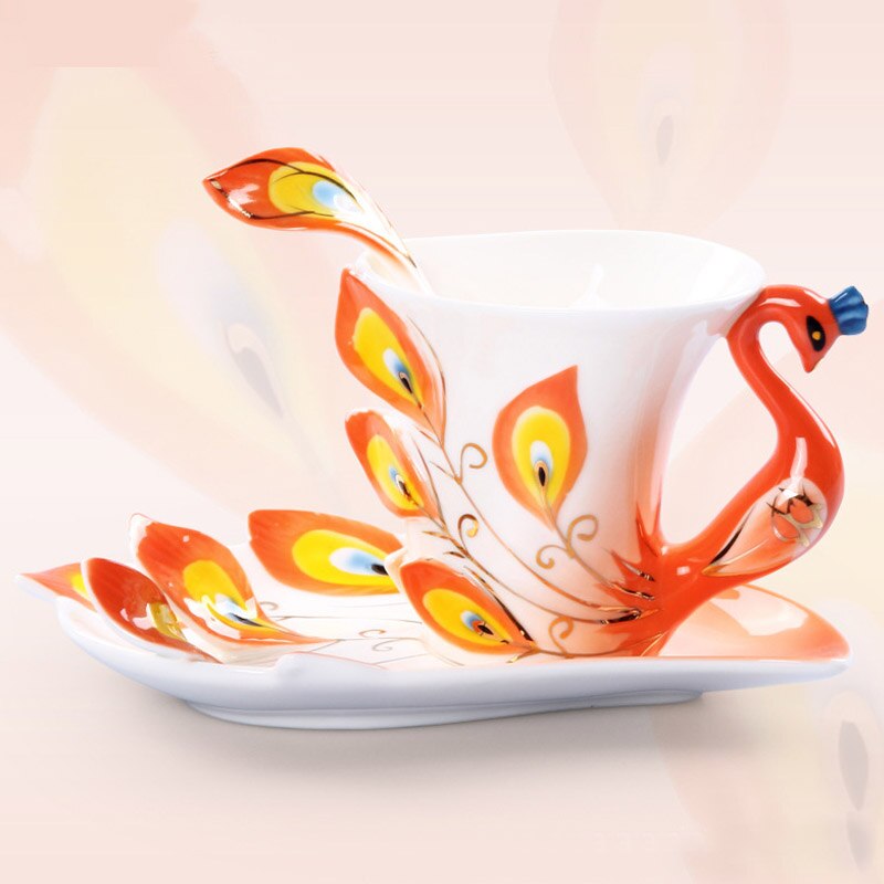 Taza de pavo real esmaltada de Color de cerámica con plato de café té beber agua tazas artesanales decoración creativa cumpleaños de San Valentín: Orange