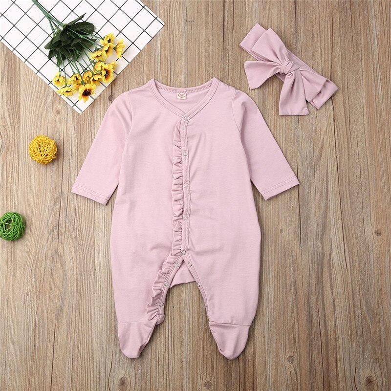 Nyfødt baby dreng pige efterårstøj langærmet romper hovedbånd nattøj pyjamas babygrows: Lilla / 6 12m
