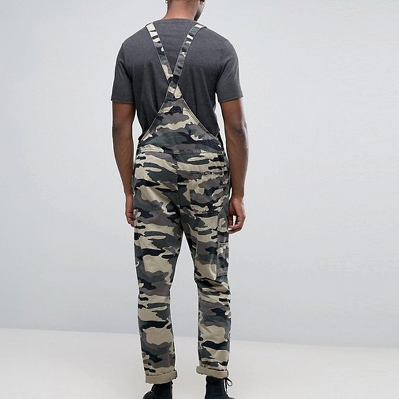 Mens Bib Overall Pants Lightweight Casual Loose Fit Walkshort Jumpsuit Button Denim Rompers Camouflage Overalls Hole Jeans