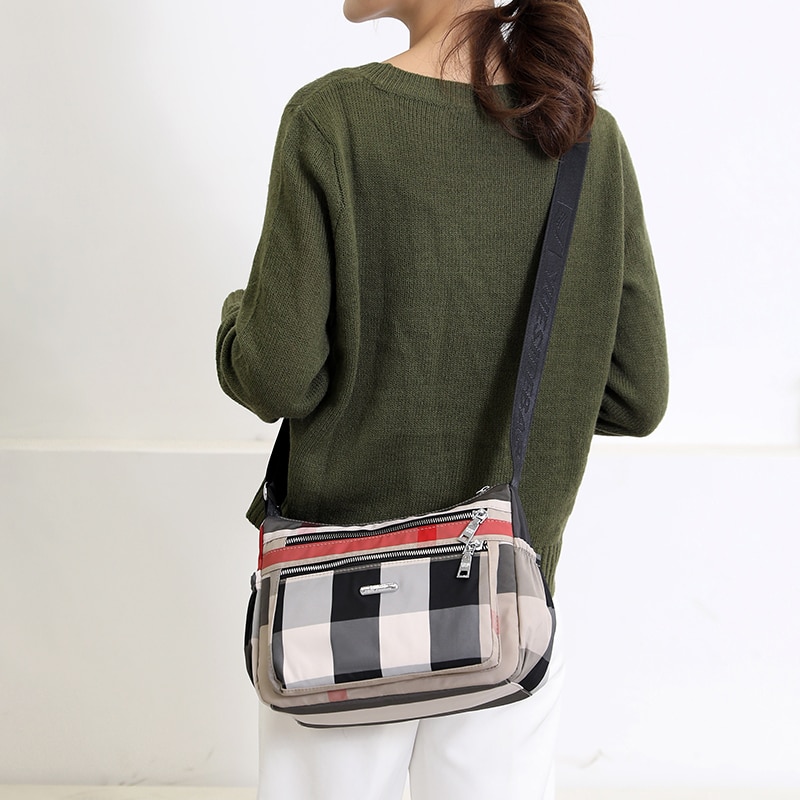 Casual Women&#39;s Shoulder Bag Nylon Waterproof Plaid Crossbody Bag Soft Zip Multi Pocket Versatile Purses And Handbags Sac