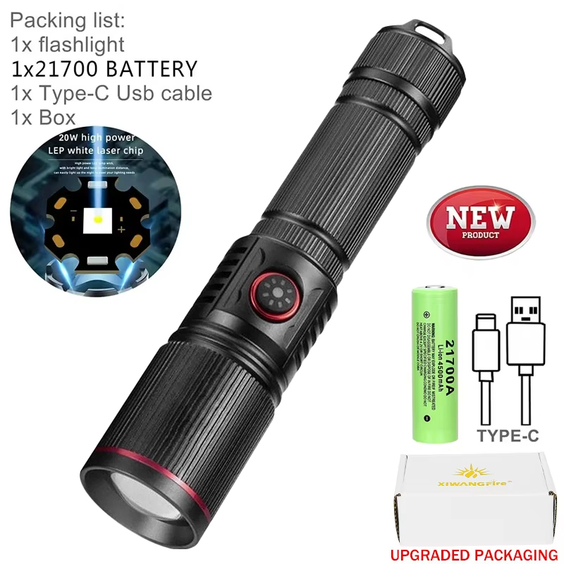 Aluminum Alloy 30W Super Powerful LEP Flashlight 18650 or 21700 Battery Zoom Torch Light Lamp with Tail Rope Power Indicator: WHITE