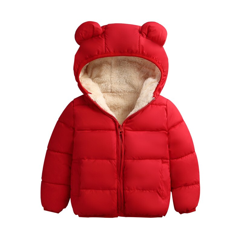 Baby Winter Jas Kids Casual Solid 3D Beer Oor Hooded Donsjack Overalls Sneeuw Warme Kleding Voor Jongens Meisjes: Rood / 6-12 months