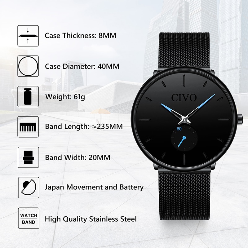 Reloj CIVO de para hombre, correa de malla fina resistente al agua, relojes de pulsera minimalistas para hombre, reloj deportivo de cuarzo, reloj Masculino