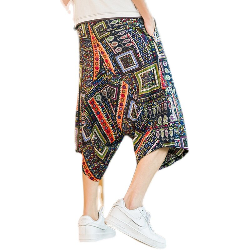 Pantalones casuales de estilo chino para hombre, pantalones bombachos holgados grandes, Capri de algodón estilo oriental, étnico, con estampado Floral, anchos