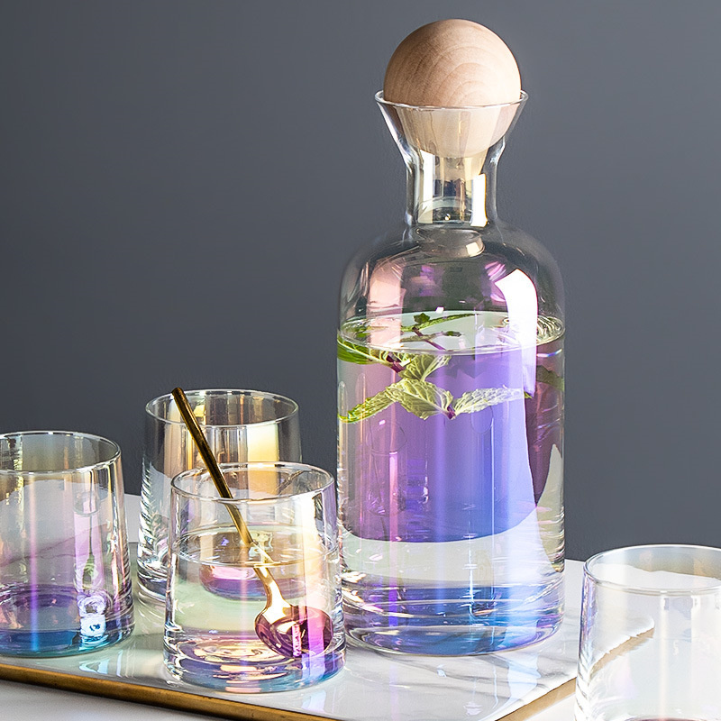 5 Stks/set Water Potten Glazen Karaf Set Houten Deksel Karaf Pitcher Wijn Whisky Bier Sap Set Drinkwater Waterkokers