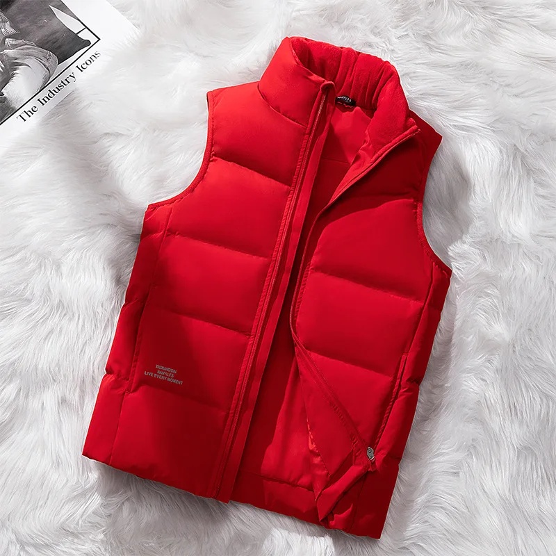 Chaleco de plumón de pato blanco grueso Unisex, chaqueta roja cálida con cuello levantado, chaleco de talla grande para hombres y mujeres, ropa informal de otoño e invierno: L / Beige