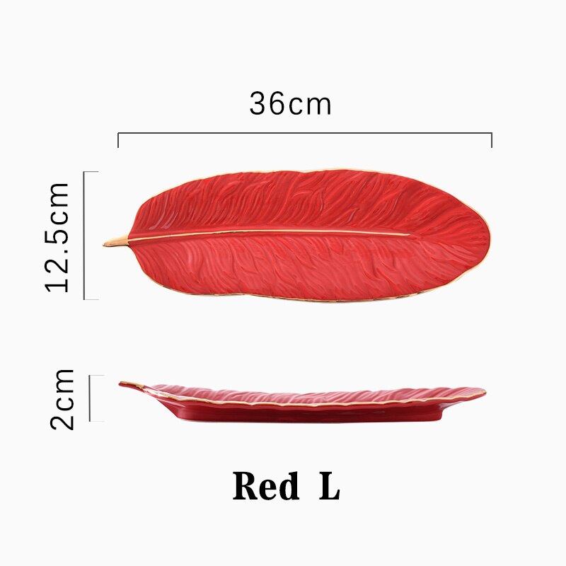 Leaf Ceramic Gold Inlay Cosmetics Jewelry Storage Tray Cake Candy Dessert Plate Key Watch Place Feather Plates Decorative Plate: red L