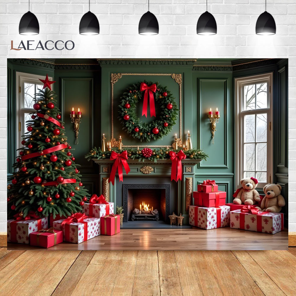 Christmas Green Wall Photography Background Interior Vintage Fireplace Xmas Tree Kid Family Party Portrait Backdrop