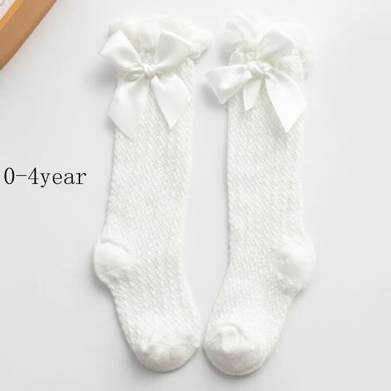 Baby Meisjes Sokken Knie Hoge Sokken Prinses Met Bogen Meisje Schattige Baby Sok Katoen Lange Buis Boog Strepen Kinderen Sokken: white knee mesh bow