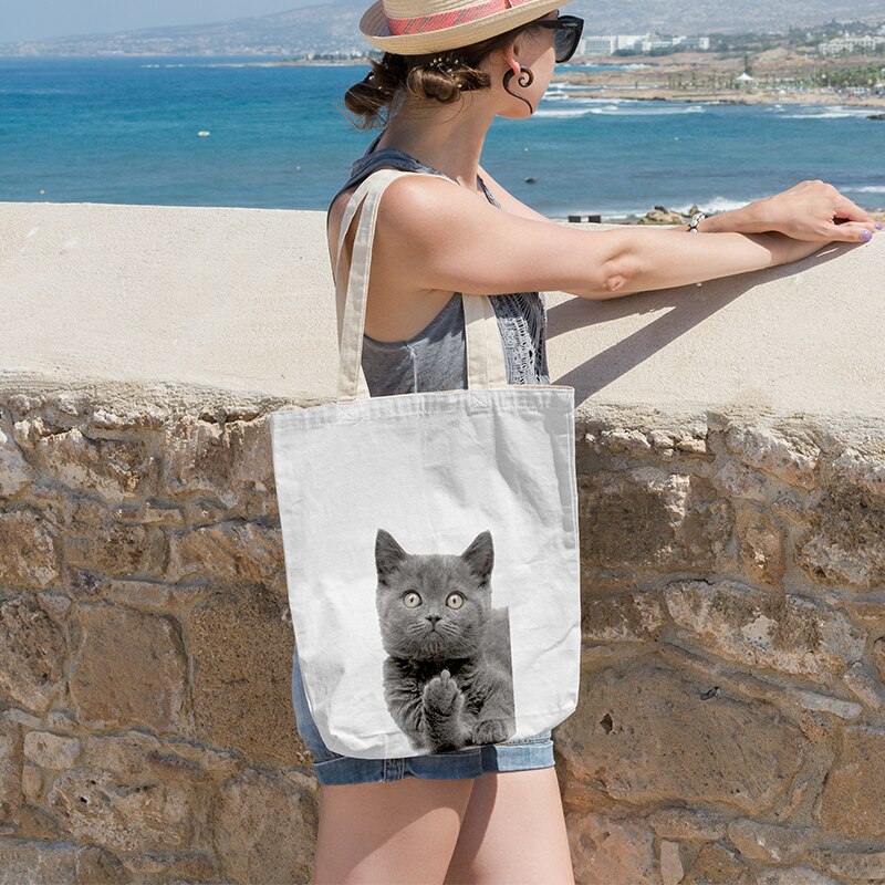 Eenvoudige canvas tas, grappige schattige kat, handtas, boodschappentas voor vrouwen, koreaanse harajuku, grote capaciteit schoudertas, eco-tas