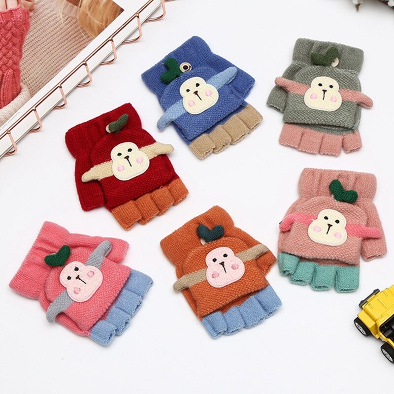 Cartoon Baby Gloves Boy Girl Winter Knitted Gloves Warm Convertible Flip Top Fingerless Mittens Gloves for Children Toddler Kid