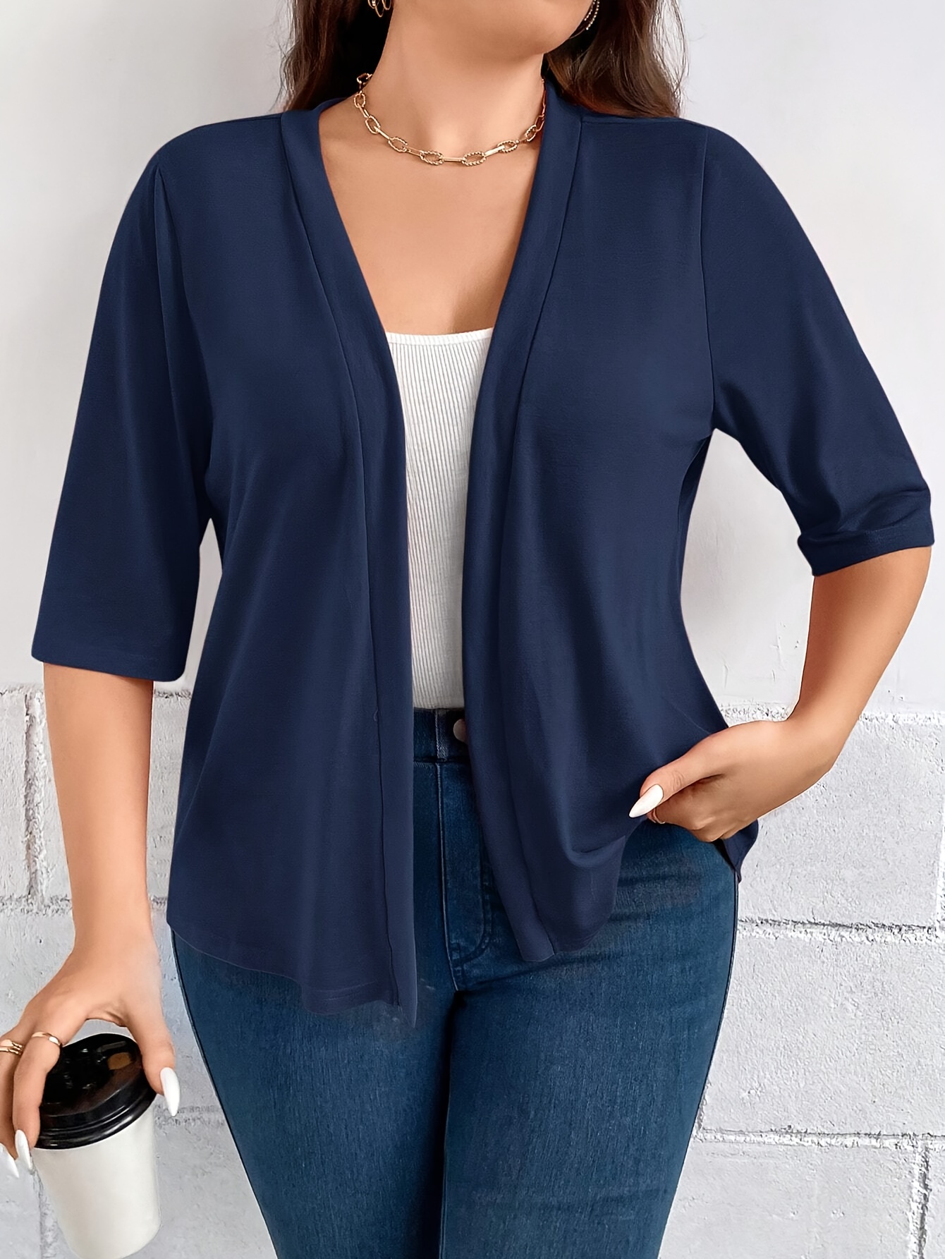 Blazer Drapé à Manches Trois-Quarts pour Documents, Veste Simple et Polyvalente, Couleur Unie, Grande Taille: 3XL / Marine Bleu