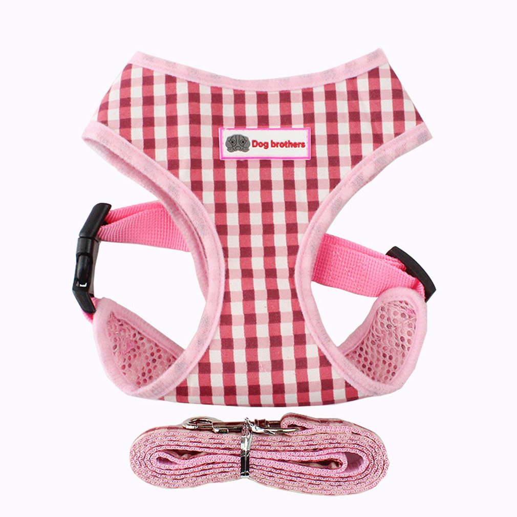 Ademend plaid huisdier borstband Teddy vest puppy borstband S roze plaid halsband tag harnas leiband