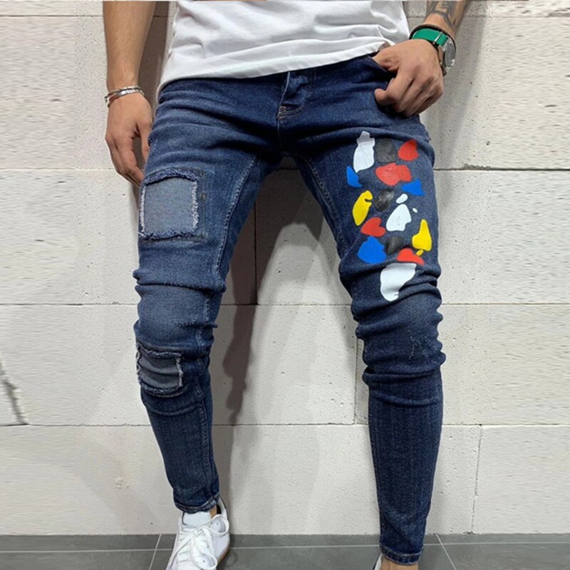 HEFLASHOR hommes déchiré jean coupe ajustée Denim pantalon motard Hip Hop jean trou scotché coloré point imprimé maigre en détresse Denim pantalon