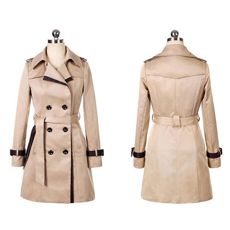 Efterår kvinder lang trenchcoat khaki med bælte klassisk afslappet kontor dame business outwear efterår frakke kvinde trench: Khaki / Xl