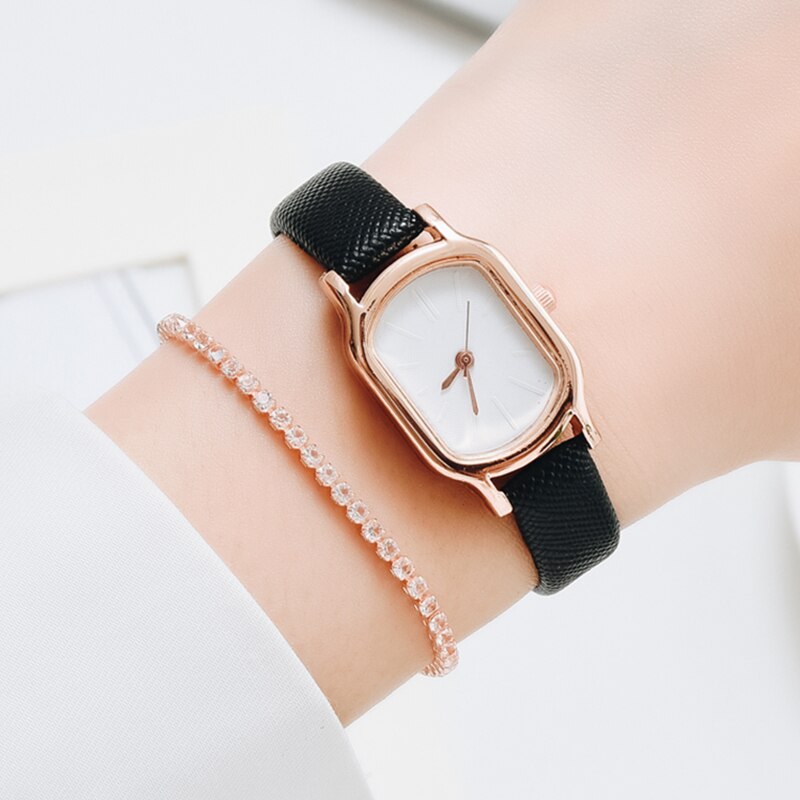 Relojes pequeños negros a la para mujer, relojes de pulsera de cuero Vintage para mujer, reloj de pulsera de cuarzo femenino Retro con esfera ovalada Simple