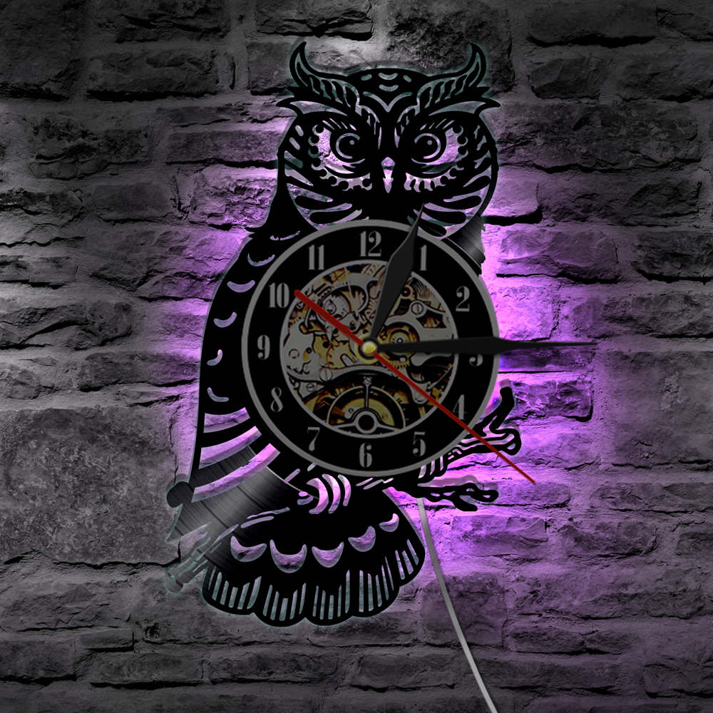 Chouette Horloge Murale Hibou Disque Vinyle Horloge Murale avec LED Lumière salon Décoration de La Maison reloj de épurée relojes: With LED Light