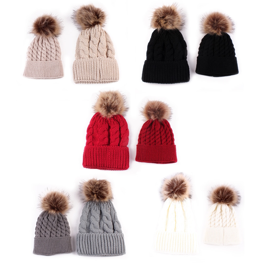 Nueva madre Infantil chico bebé niño tejido cálido de invierno Gorro con piel Pom sombrero bola tapa para adultos y niños familia juego gorras sombreros