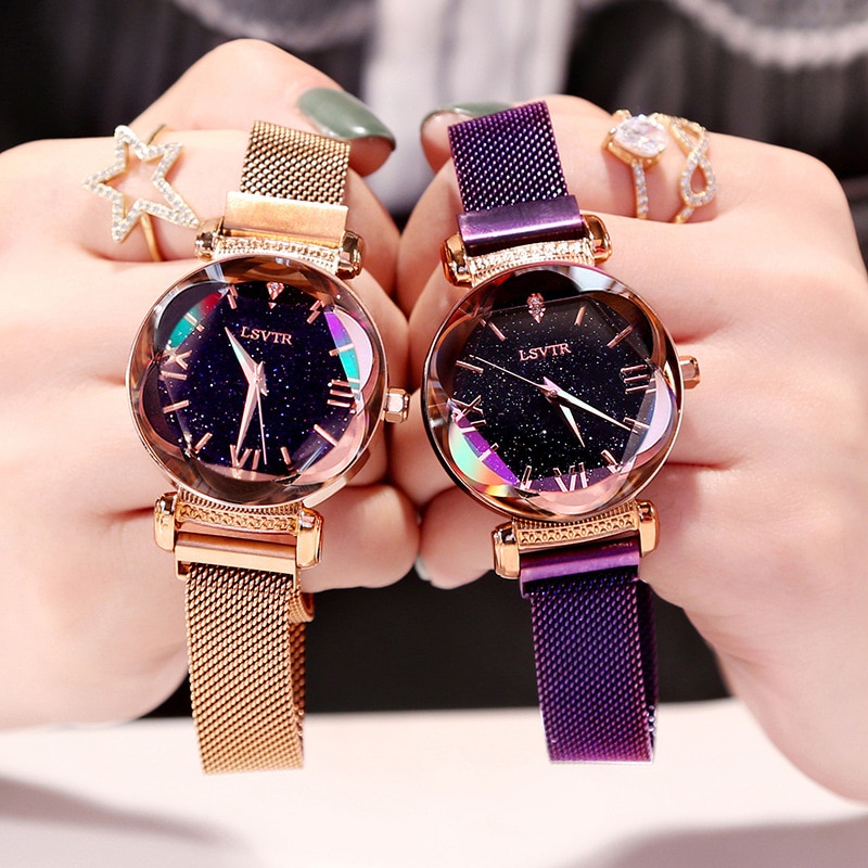 Luxe Vrouwen Horloges Mode Elegante Magneet Gesp Vibrato Paars Dameshorloge Sterrenhemel Romeinse Cijfer Klok
