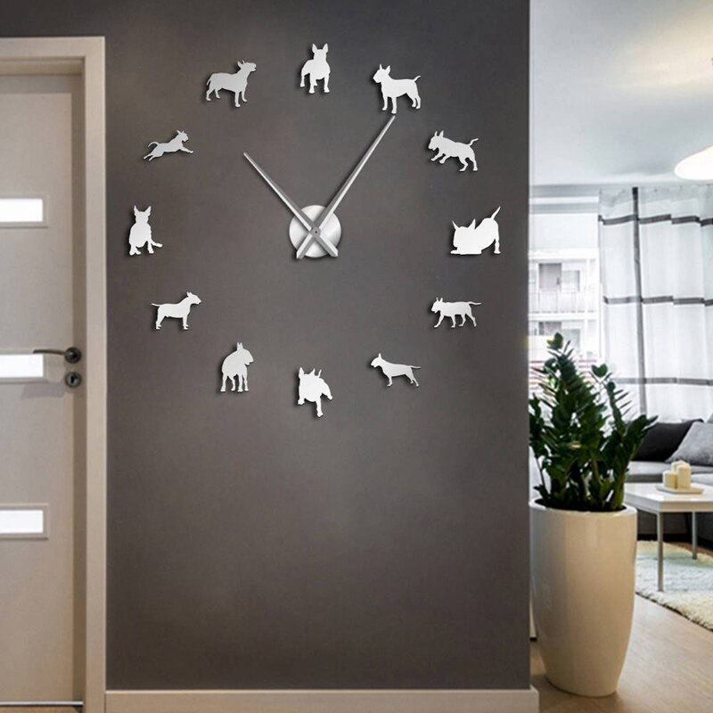 Bull Terrier Hond Muur Art Diy Grote Wandklok Hond Ras Pug Grote Naald Klok Horloge Pet Shop Decor voor Bull Terrier Liefhebbers