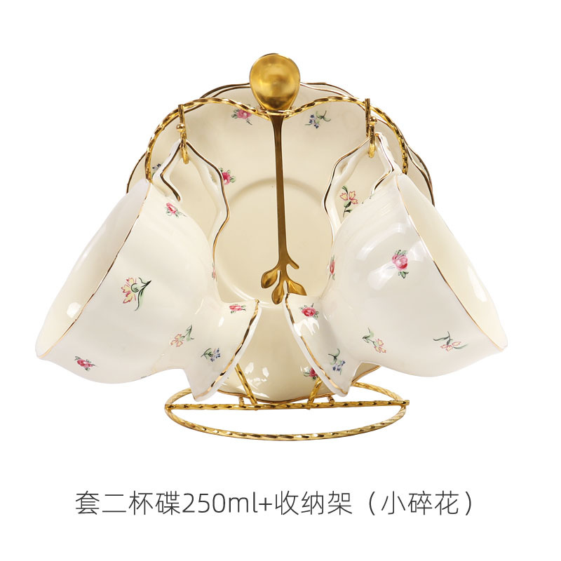 European Coffee Cup and Plate Set Ceramic British Gold Rim Teaware French Fancy Restaurant Afternoon Tea Cup with Saucer Spoon: Flower 2 Sets