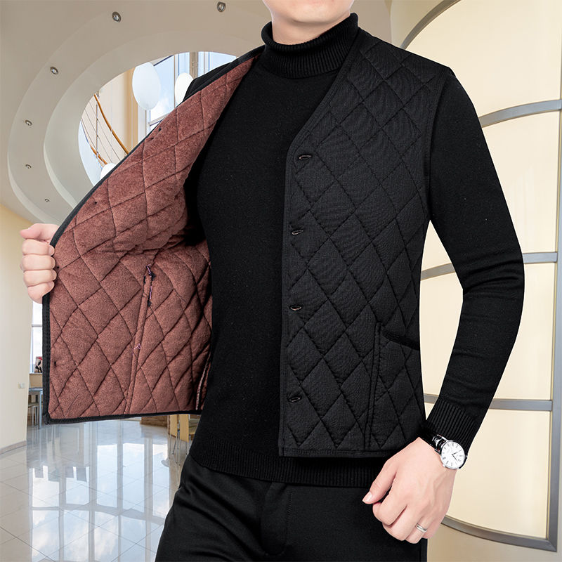Otoño Invierno hombres espesar lana abrigos de algodón cálidos chalecos ropa de calle Casual ropa masculina chaquetas a cuadros sin mangas delgadas: 5 XL / Negro