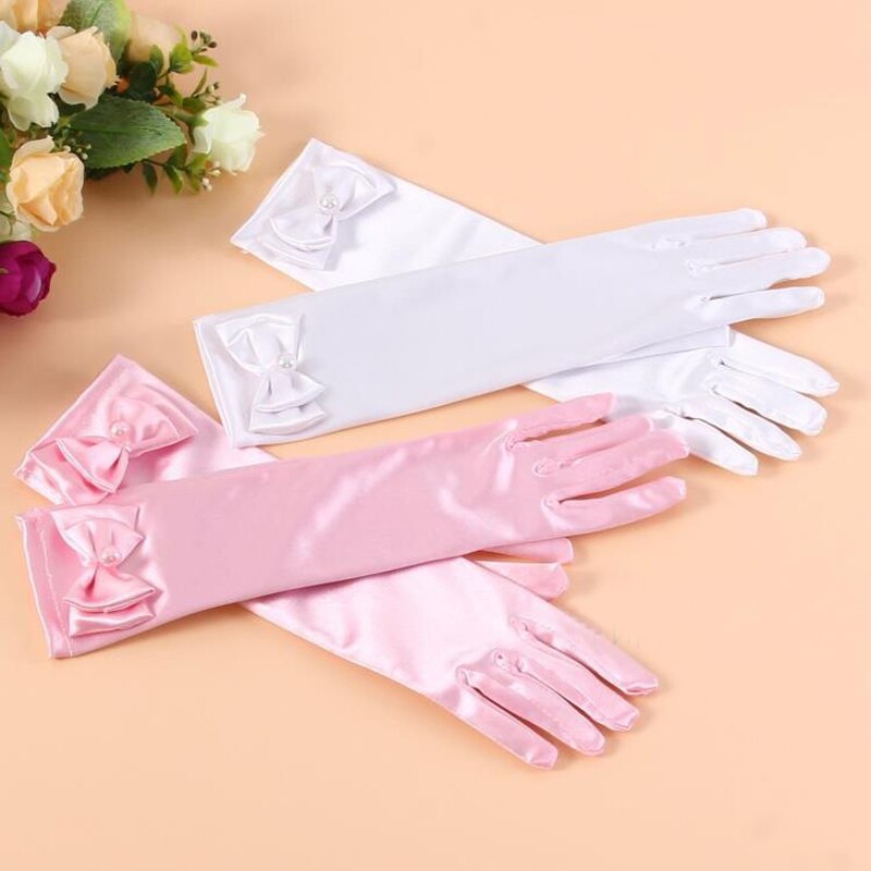 Gilrs lange satin handsker solbeskyttelse aften fest stretch blomst pige søde kjole tilbehør ceremonielle bowknot perle handsker