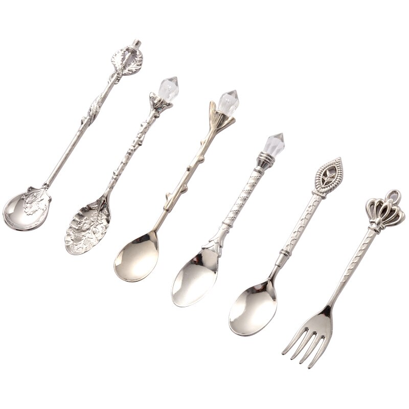 6 stk royal retro ske sæt sæt palads stil borddekoration bestik dessert ske kaffe skeer metal udskæring frugt gaffel skeer: 02