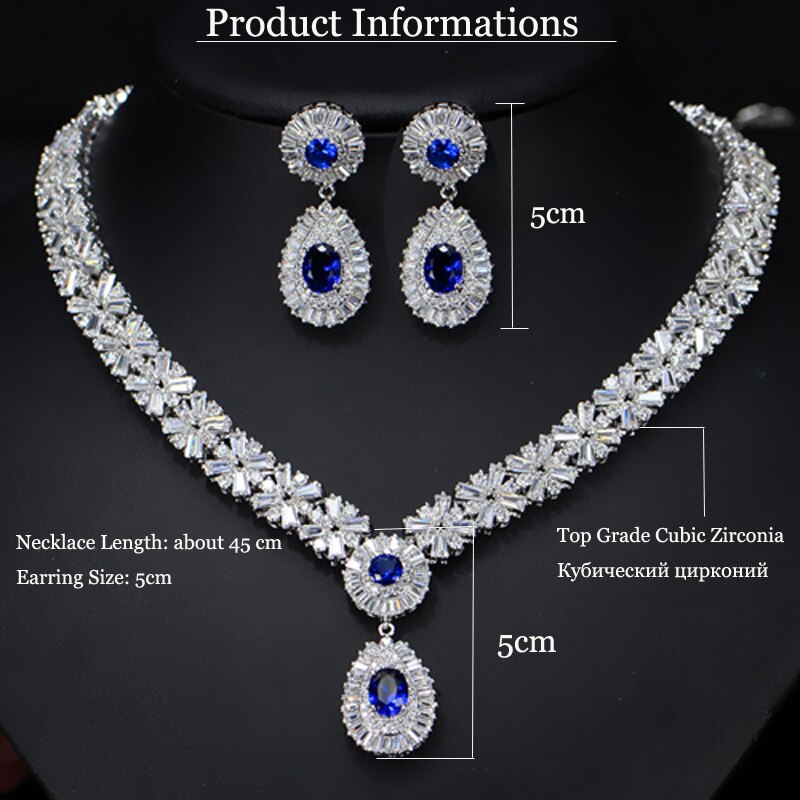 Threegraces Prachtige Zilveren Kleur Cz Grote Royal Blue Water Ketting Oorbellen Afrikaanse Sieraden Sets Voor Bruiden JS029