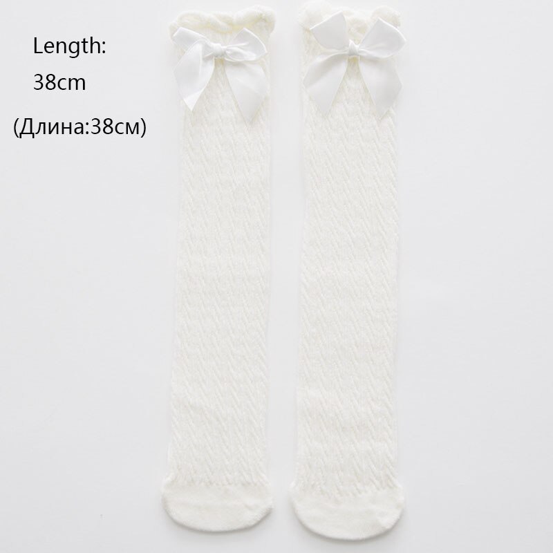 Chaussettes hautes pour -né, chaussettes d'été en maille fine, en coton doux, avec nœud papillon, pour bébé fille: white bow front