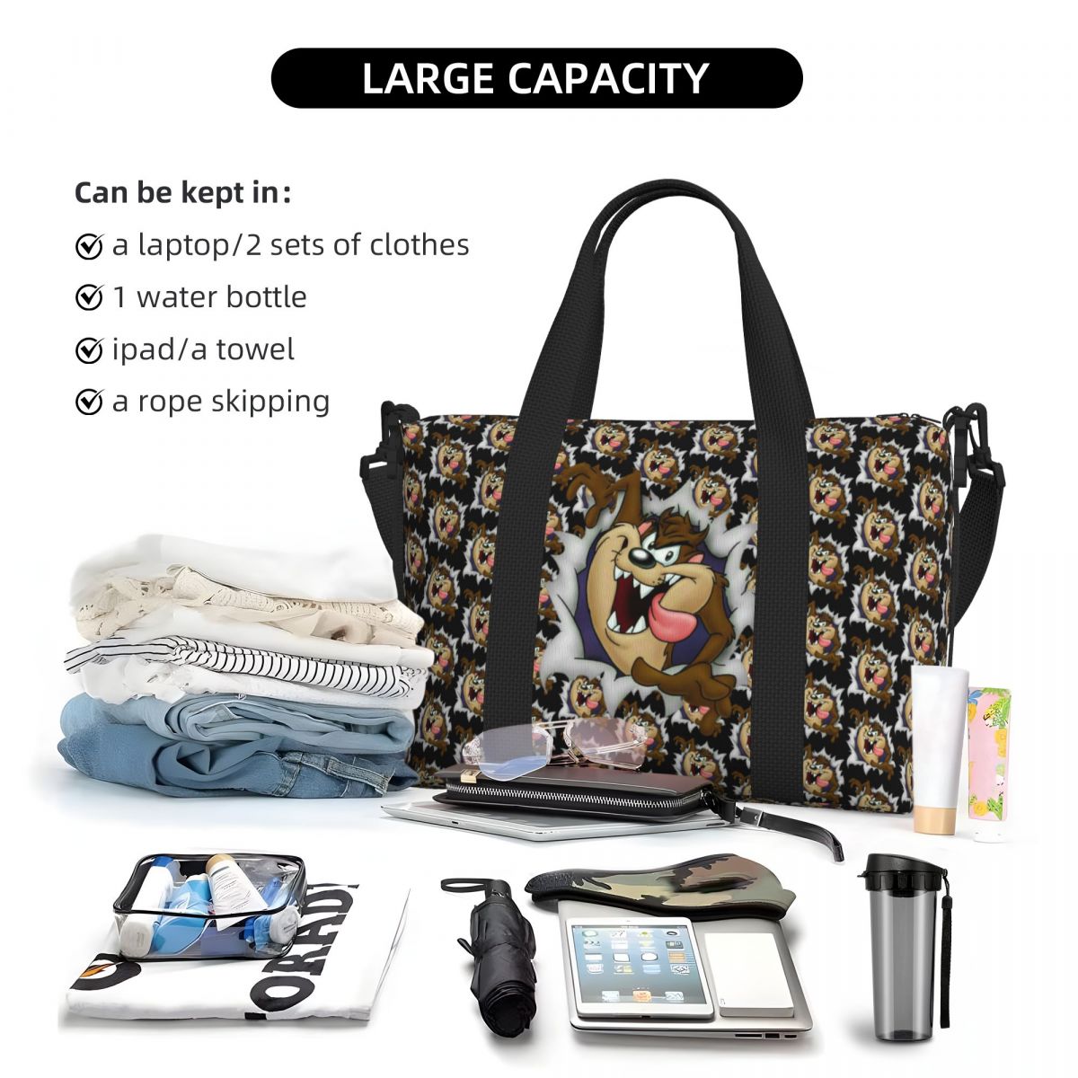 Custom Tasmanian Devils Beach Tote Bag Women Extra Large Gym Carry On Taz Cartoon Comic Travel Shopping Bags