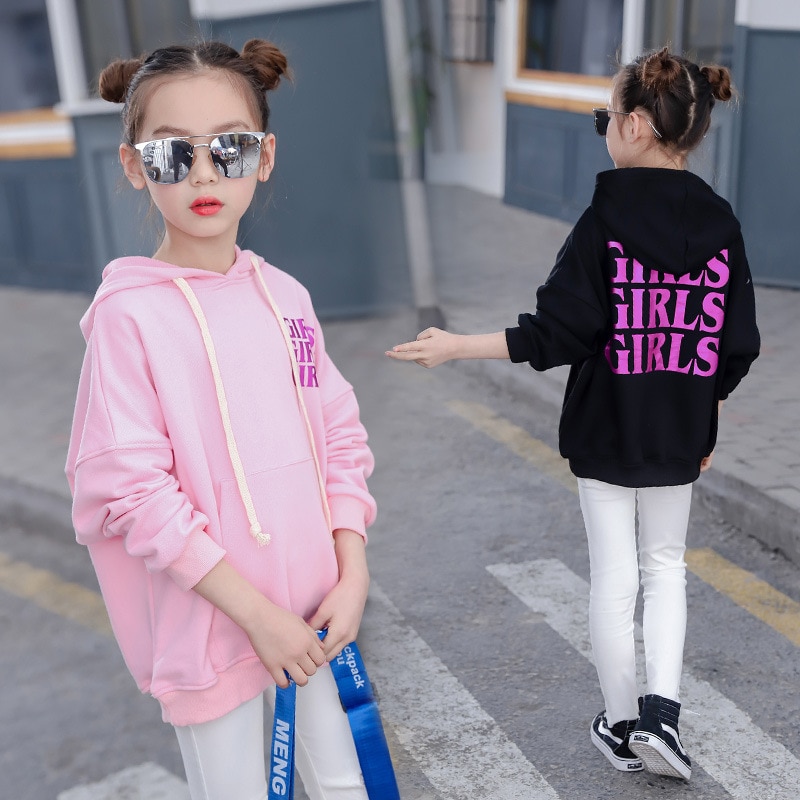 Grote meisjes hoodies katoen lente tienermeisjes letter print hoodies tops kinderen losse sweatshirts lange mouwen bovenkleding