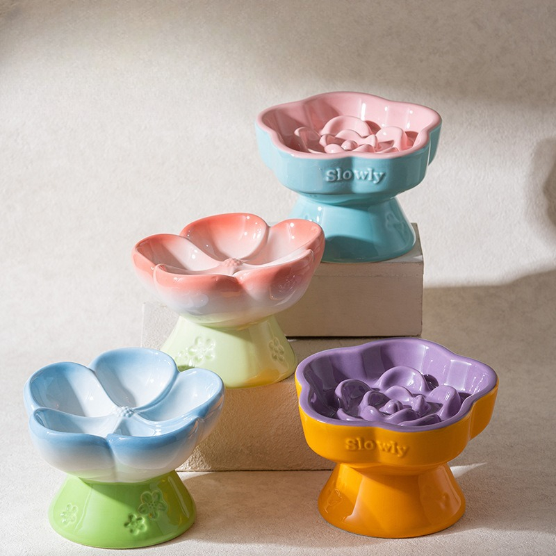 Pet Slow Feeders Food Bowl High Footed Ceramic Cat Bowl Small Dog Tableware