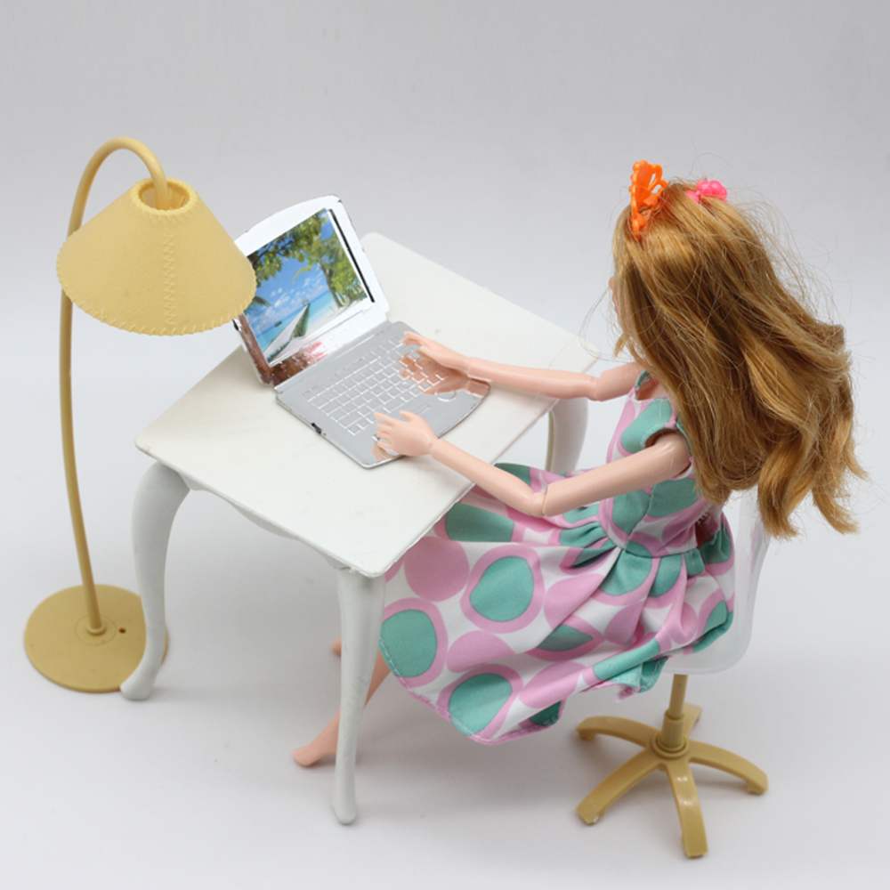 Pop Speelhuis Pop Meubels 4 stks/set Bureaulamp Laptop Stoel Voor Kinderen Meisjes Pretend Play Speelgoed Kantoor Accessoires Speelgoed