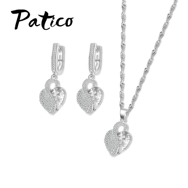 Elegante Dubbele Holle Cz Kristal Liefde Hart 925 Sterling Zilveren Sieraden Sets Hanger Ketting Oorbellen Voor Vrouwen