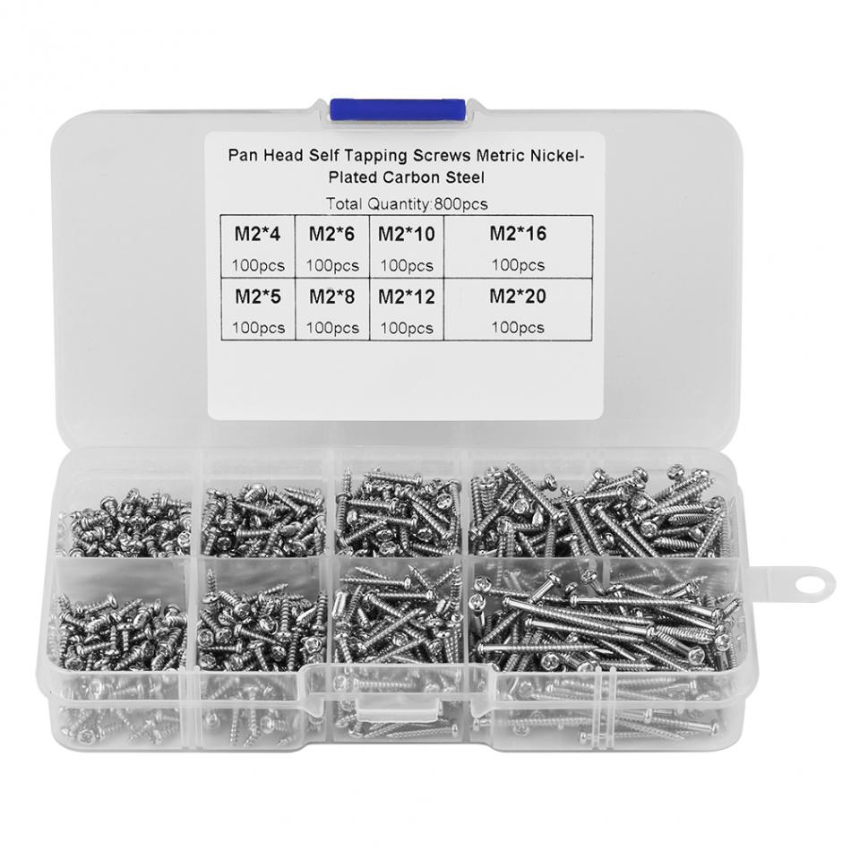 800pcs M2 Cross Drive Pan Head Self-Tapping Screws Woodworking Fastener Assortment Kit with Box Tool