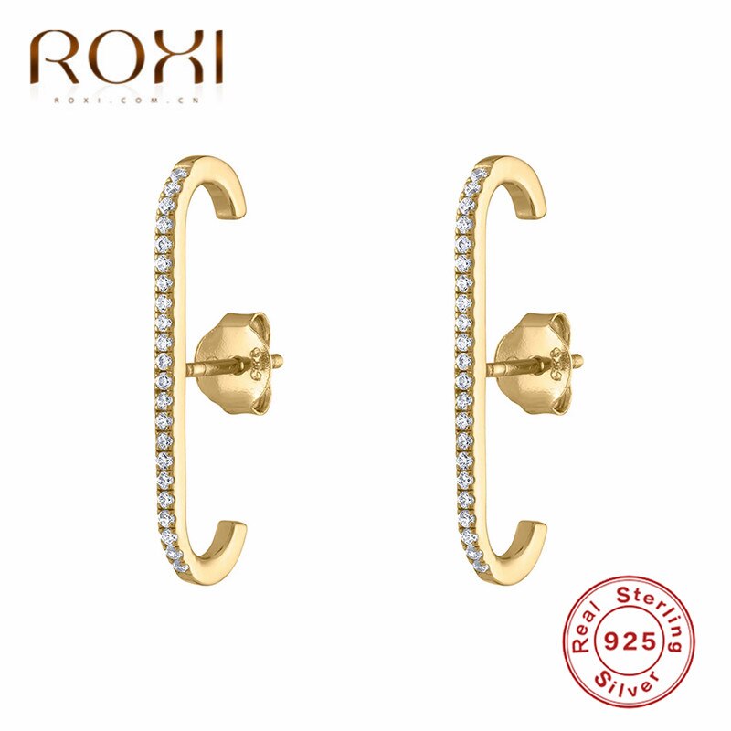 ROXI Shiny Zircon 925 Sterling Silver Stud Earrings for Women Geometric Row Crystal Piercing Earring Minimal Korean Jewelry