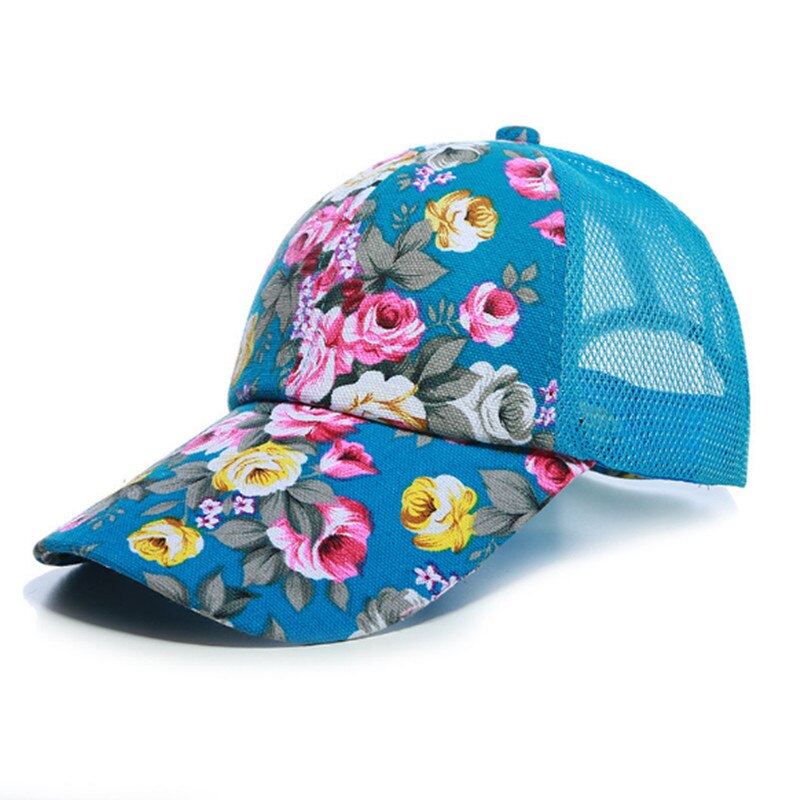 Boné ajustável com estampagem de flores para mulheres, chapéu de sol selvagem casual para meninas, snapback respirável, malha ajustável, simples e multicolorido, verão 2021