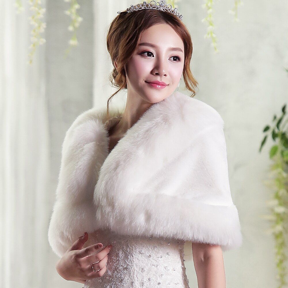Ivory Winter Warm Wedding Bride Women Faux Fur Wrap Thermal Dinner Party Coat Bridesmaid Keep-warm Thicken Lady Cape
