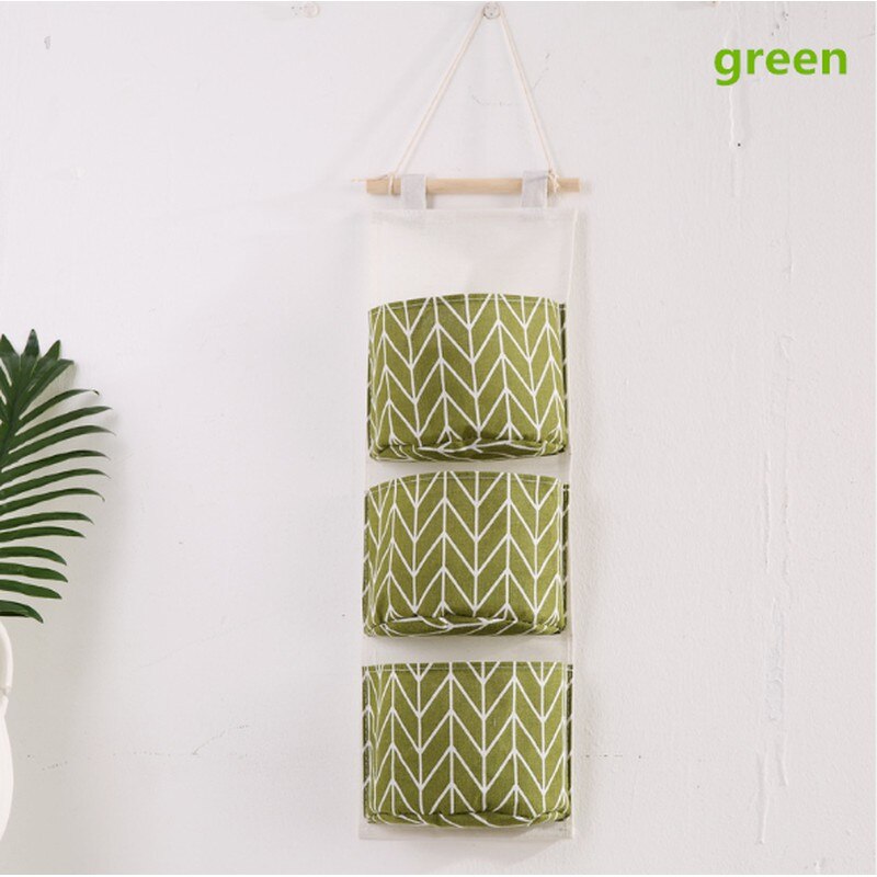 Três camadas grade pendurado saco de armazenamento algodão linho casa organização pendurado saco: green