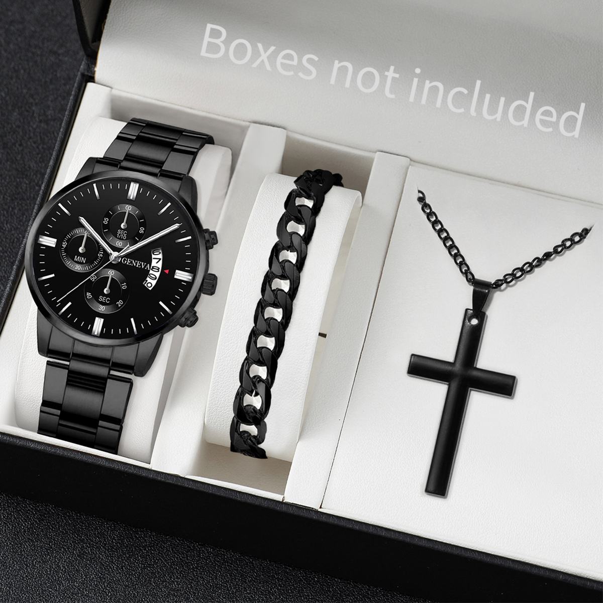 3 unids/set de reloj de pulsera de acero inoxidable a la para hombre, reloj de cuarzo con calendario informal, conjunto de joyería (sin caja)