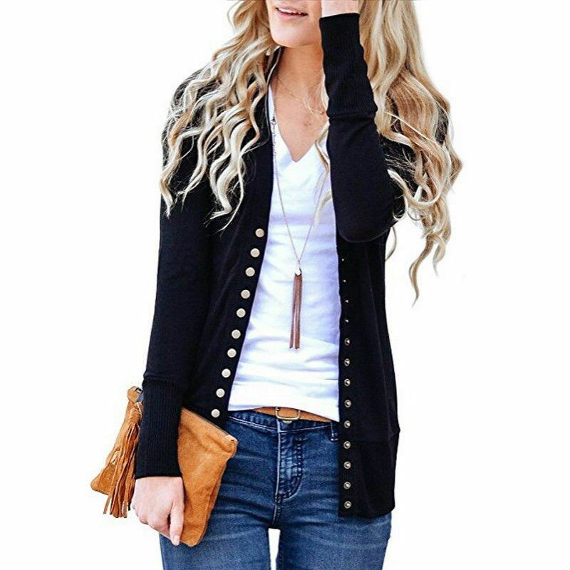 Pull en tricot à manches longues et col en V pour femme, pull ample avec bouton-pression, style rétro, tendance, automne hiver: XL / Black