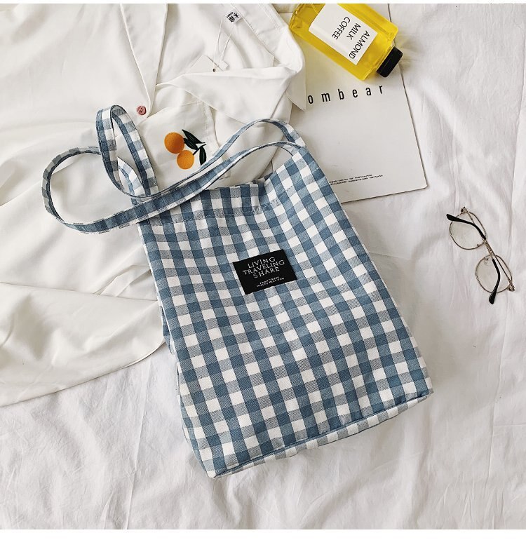 Mode Duurzaam Vrouwen Student Katoen Linnen Enkele Schoudertas Shopping Tote Check Plaid Vrouwelijke Vlas Canvas Boodschappentassen: Blue