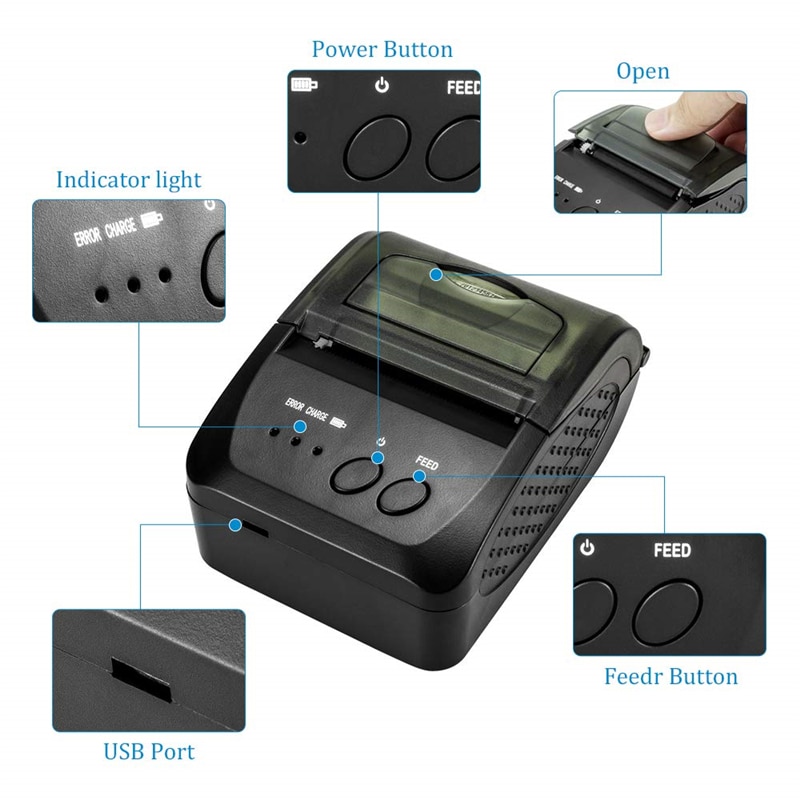 Bærbar bluetooth termisk skriver mini pos kvitteringsskriver for mobiltelefonlomme 58mm regningsmaskin for supermarked