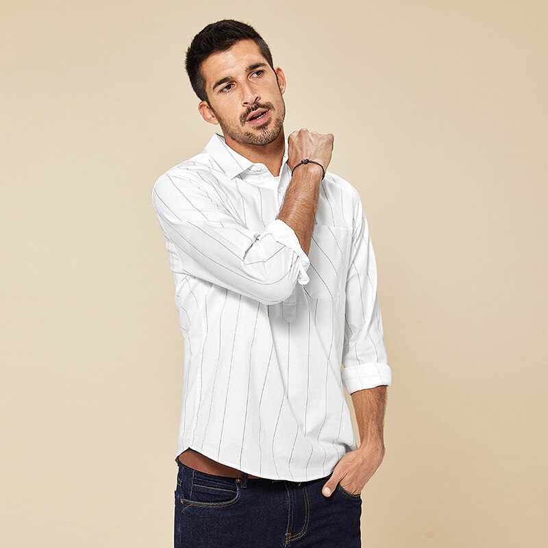 KUEGOU 100% cotton Striped Shirts Spring Autumn Men's Shirt Long Sleeve leisure White Streetwear Plus size BC-20501: XXXL