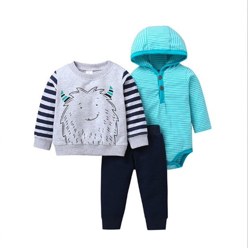 3 stk sæt baby drenge piger tegneserie t-shirt langærmede bodysuit print bukser pp bomuld nyfødt stribet tøj sæt